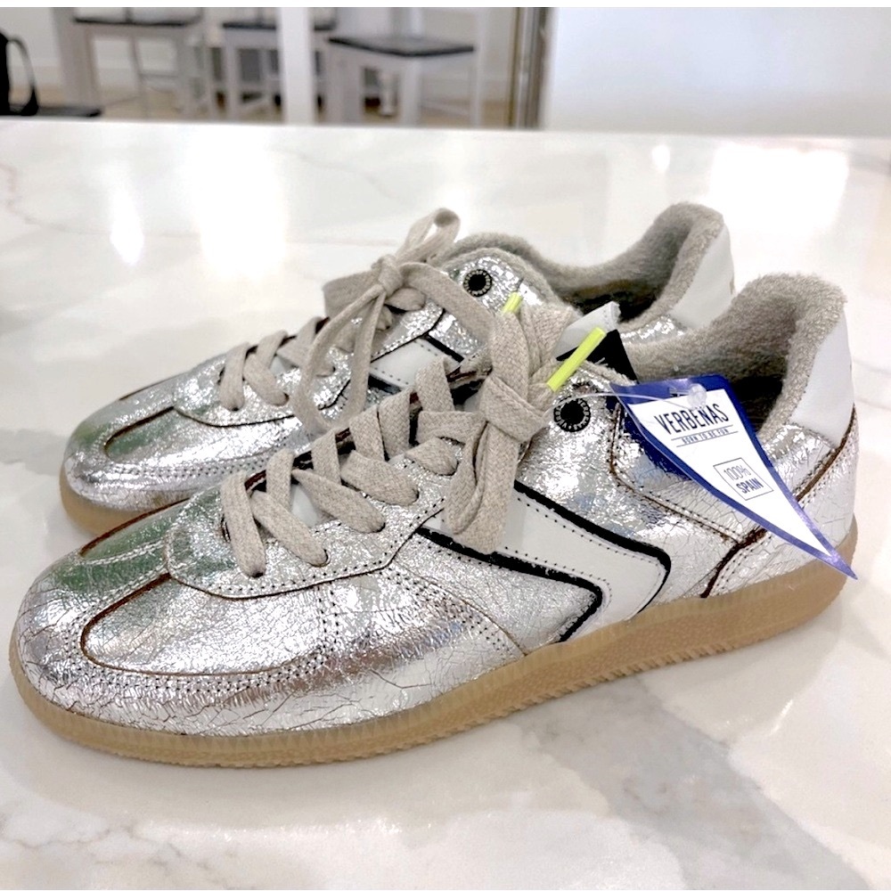 New Verbenas Sora Breck Silver Metallic Leather Sneakers Made in Spain- 38 / 7.5